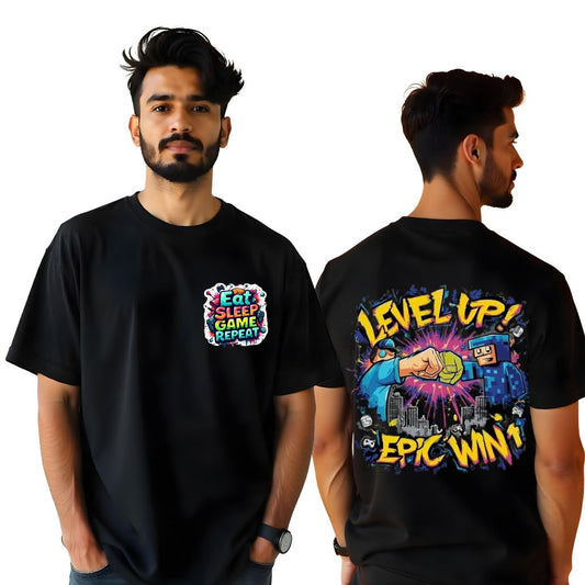 Eat Sleep Game Repeat -Level Up Epic Win Ultimate Gamer Oversized Black T-shirts for Men