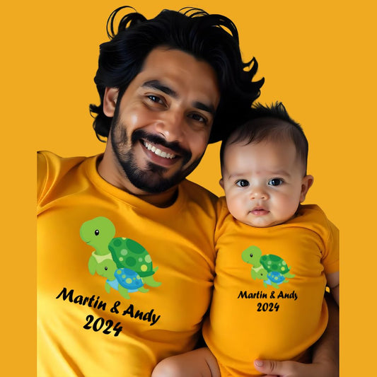 Sweet Turtle Dad and Baby Customised Tshirt and Romper Combo