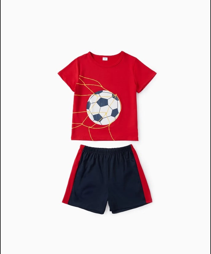 red and navy football print tshirt shorts set for kids