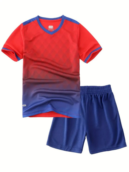 Red and Blue Kids Jersey and Tshirt Shorts Set