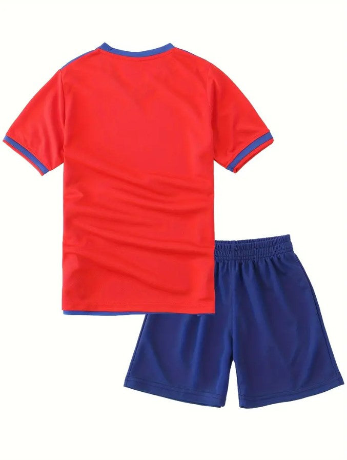 Red and Blue Kids Jersey and Tshirt Shorts Set