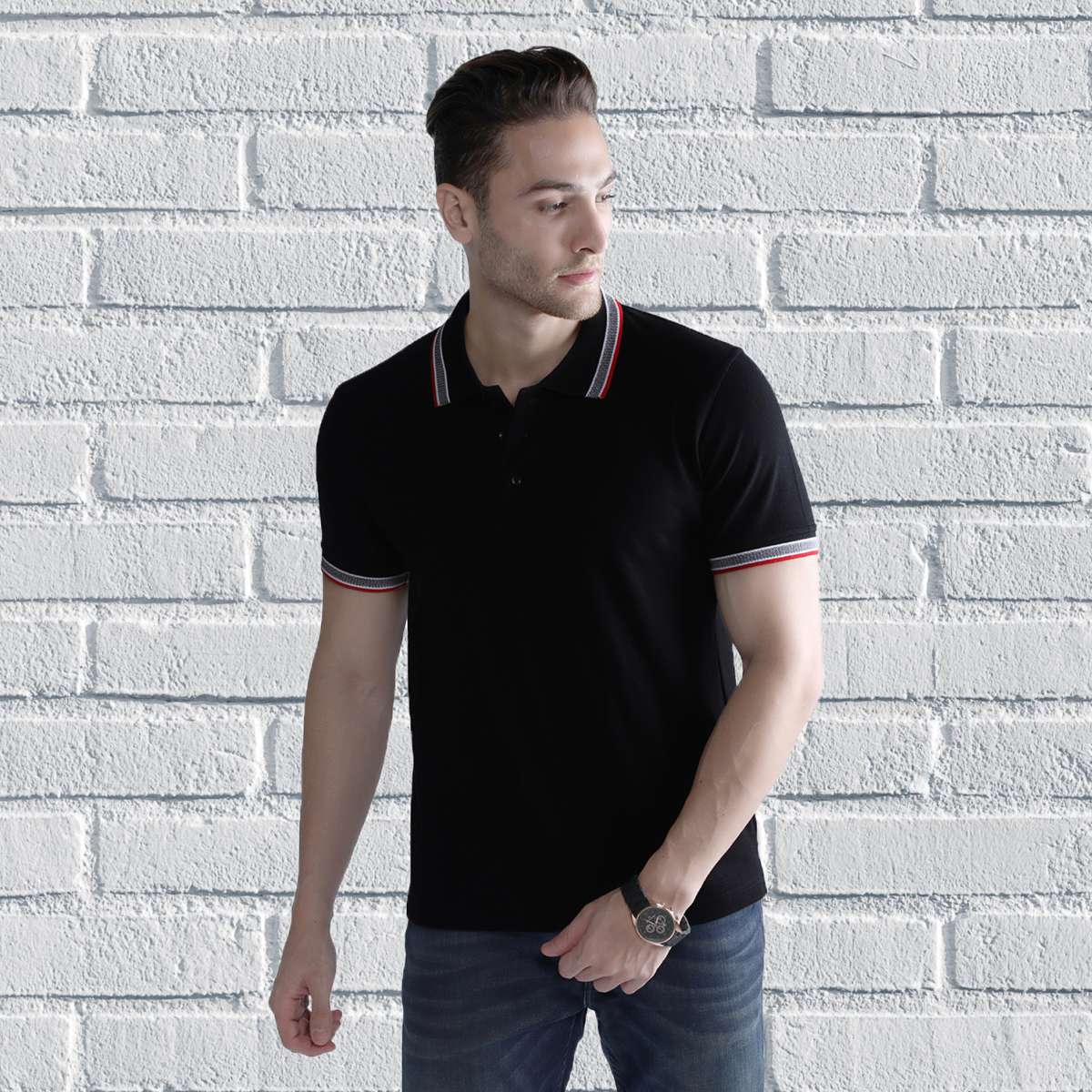 Men's Regular Cotton Stretch Collar Tshirt - Black