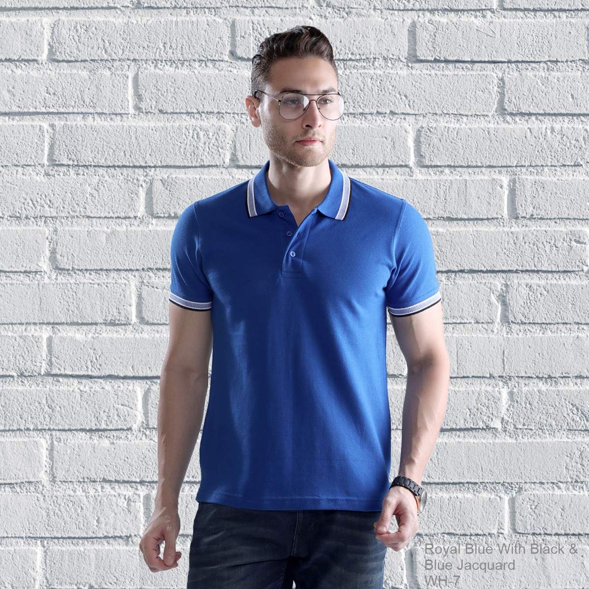   Double Tipping Collar Plain T Shirt for Men Royal Blue With Black Blue
