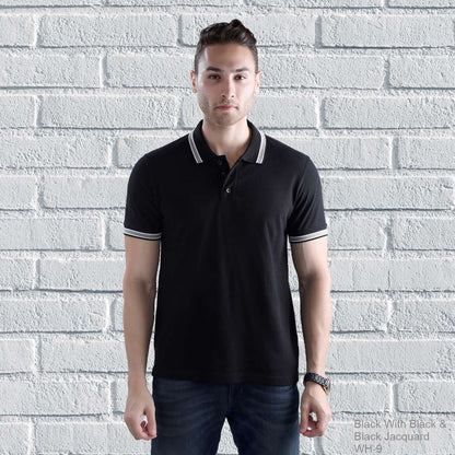   Double Tipping Collar Plain T Shirt for Men Black With Black Black
