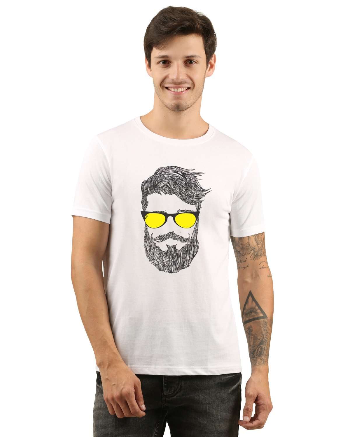 mustard beard glass hipster printed tshirt men round neck