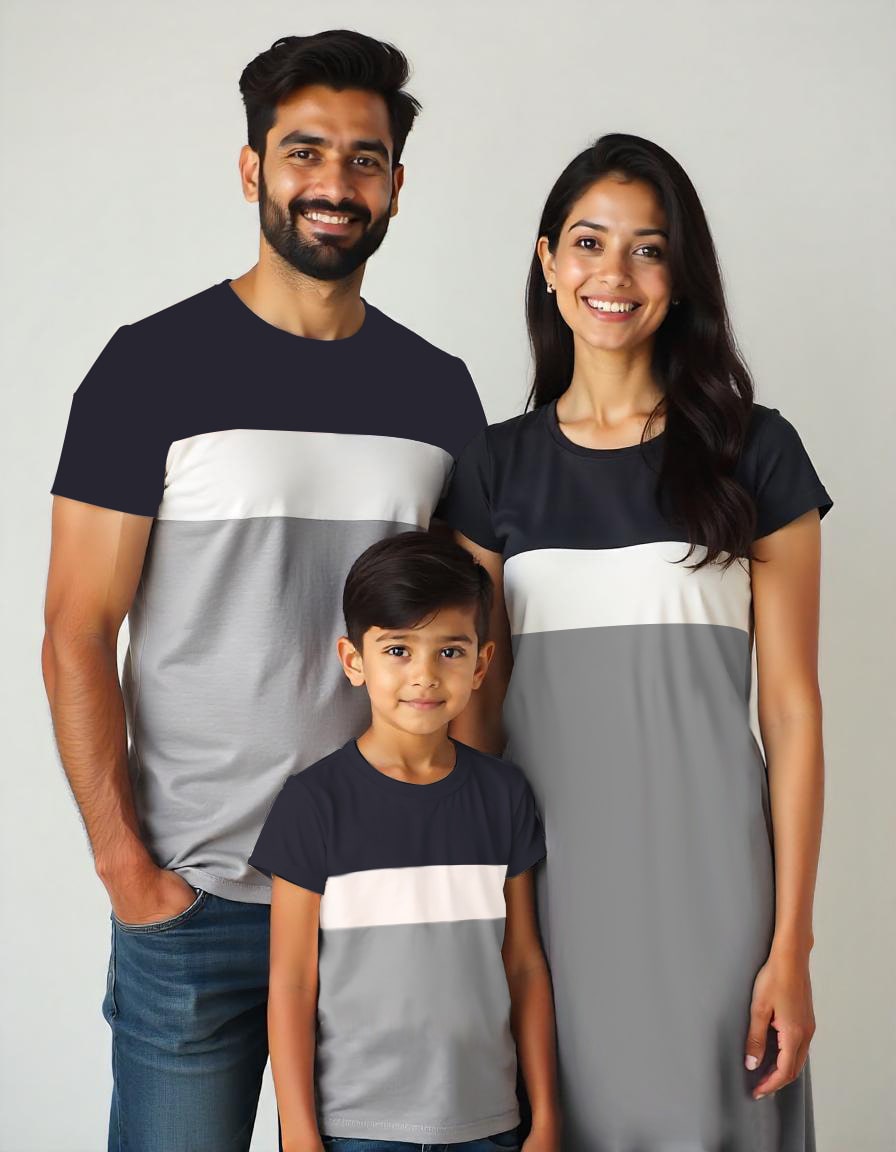 NavyBlue-White-Grey Color Block Family Matching Tshirts