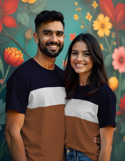 Black-White-PeanutBrown Stylish Color Block Couple T-Shirts