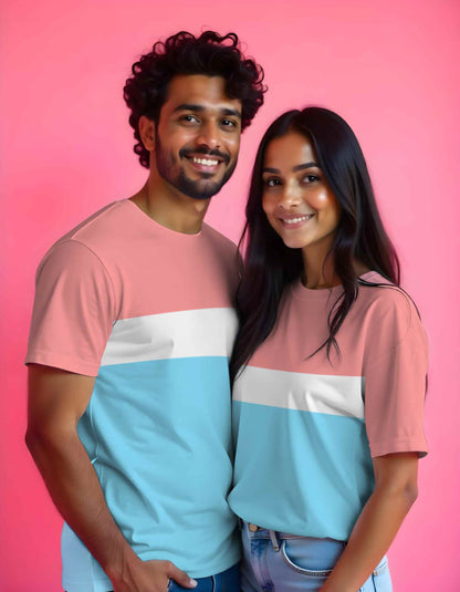 Pastel Pink-White-PastelBlue Color Block Couple T-Shirts for Photoshoots