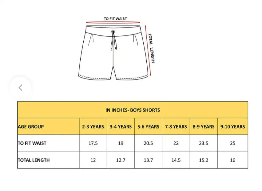 shorts size chart