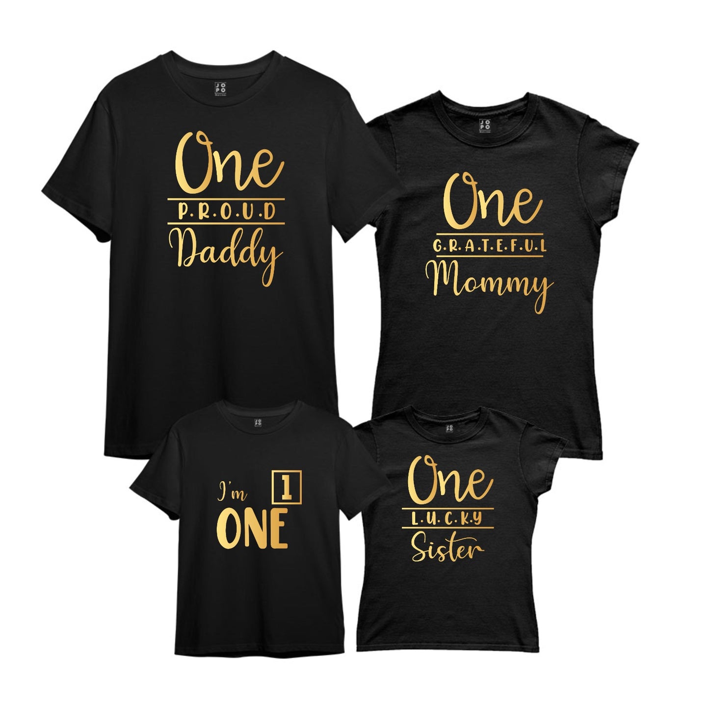 1st Birthday Boy Outfit, Sleeve Design Classic Modern Black and Gold, ONE Proud Daddy, ONE Grateful Mommy, One Lucky Ssister Family TShirts