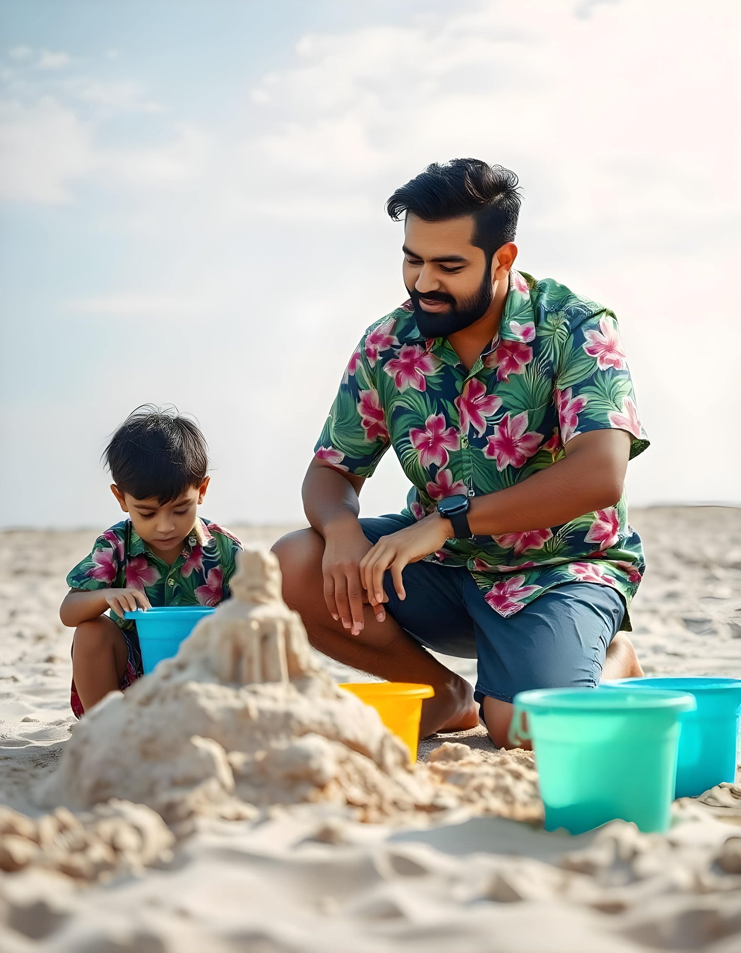 Tropical Green Twinning Dad and Son Shirts