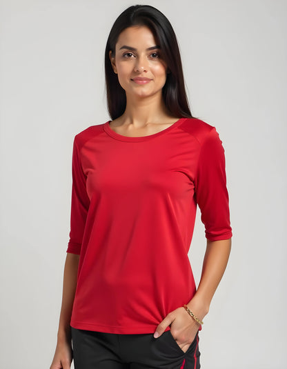 women red tshirt with elbow sleeve round neck tshirt