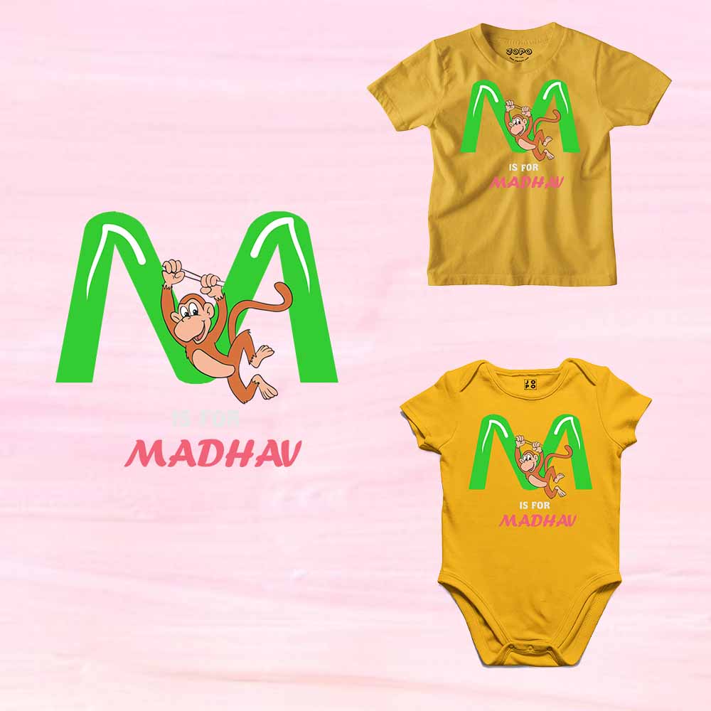 Kid's Alphabet 'M for Madhav' name Multicolor T-shirt/Romper