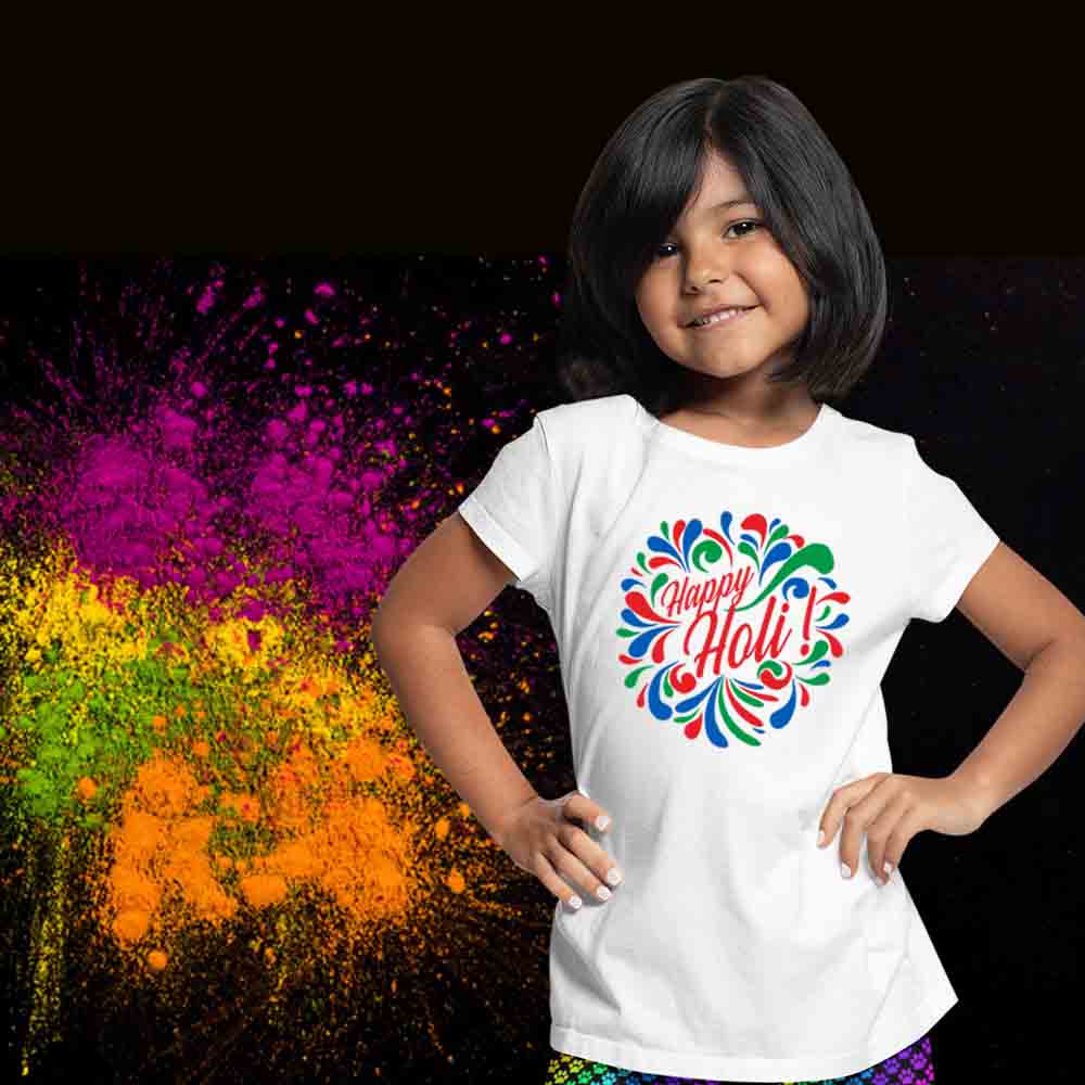 happy holi multicolour white pattern girl