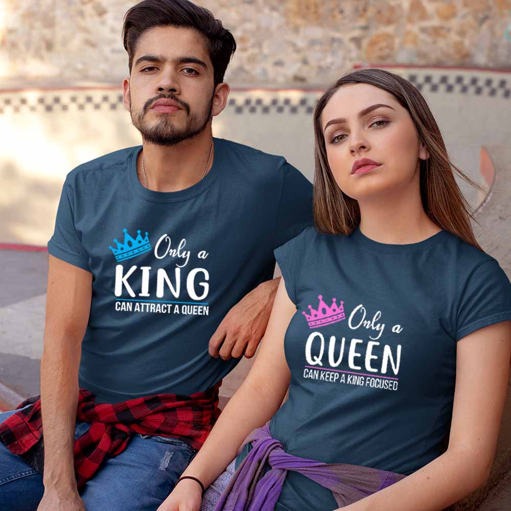 Buy Touch Me Fashions, Lovers Pack, Cotton, King Queen Love Couples D7, Printed, Fullsleeve Roundneck Navy Blue T Shirts for Couples