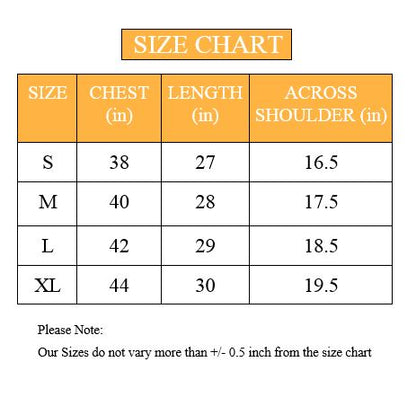 size chart mens T-shirt